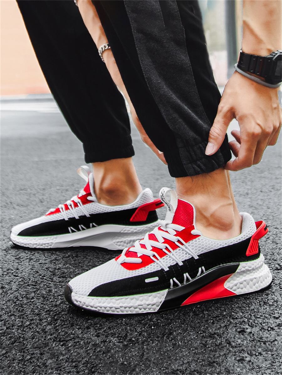 男士撞色網面運動潮流鞋EVA輕質軟底防滑減震時尚出街 - 紅色 - 查看 1