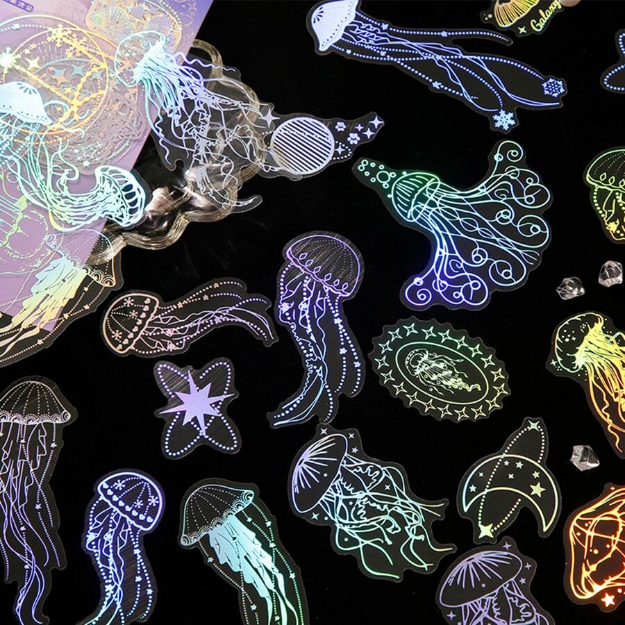40pcs/pack Luminous Jellyfish And Stars & Moon Reflection Pet Stickers, Waterproof Label For Decorating Phone, Laptop, Notebook, Art Journal, Scrapbook, Diy, Aesthetic Office Supplies School Stationery