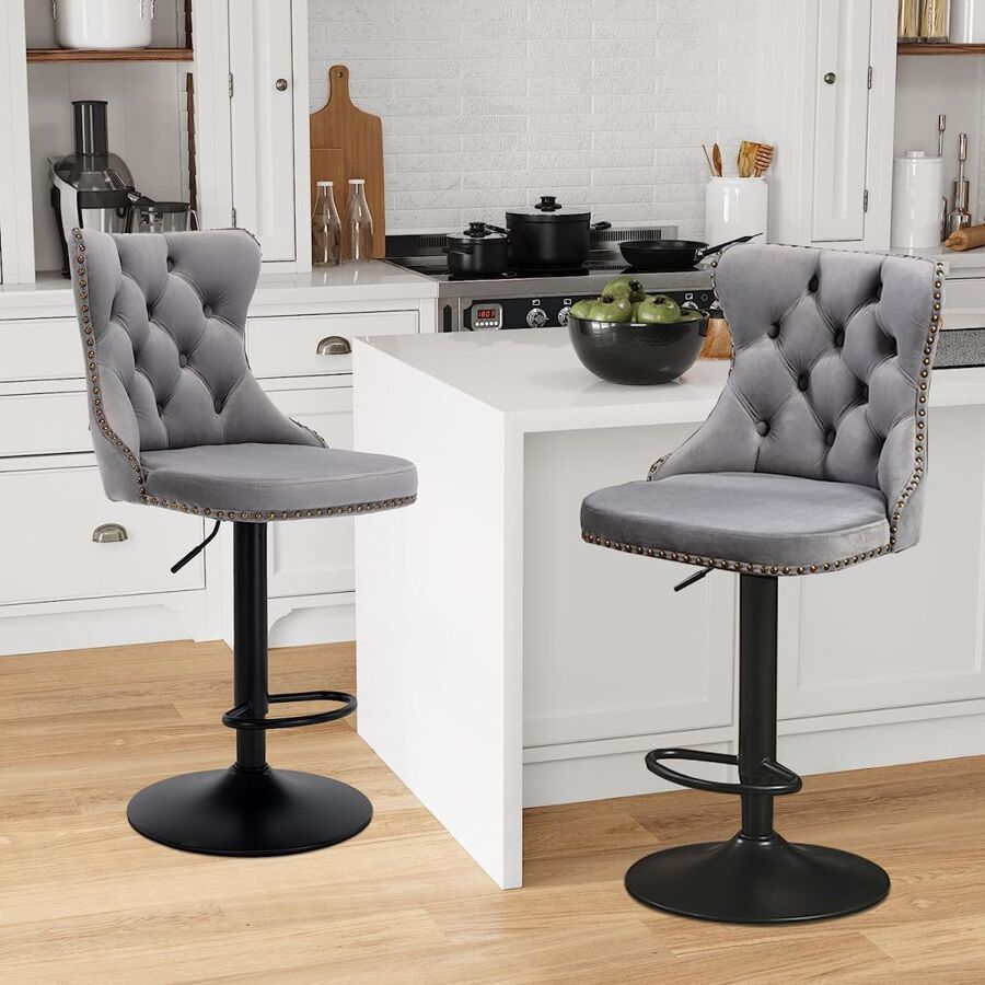 2/4/6 Piece Set Adjustable Swivel Bar Stools, Dining Bar Chairs With Velvet Tufted Back, Metal Base, Footrest For Home Bar, Dining Room, Kitchen Island. - 灰黑色 - View 1
