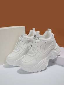 Women's Pu Leather Cross Strap Thick-soled Shoes With Hidden Heel & Wedge Heel, White Color, Suitable For Daily Sports Activities & Casual Wear, The Soles Are Designed To Be Suitable For Short Women - White - View 3