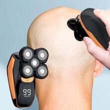 電動剃頭器，LED顯示屏-男性無蓋充電式濕乾頭部禿頭刮水電動剃刀，旋轉刀片、夾子、鼻髮修剪器、刷子、按摩器，全方位頭部護理 - 黑色 - 查看 1