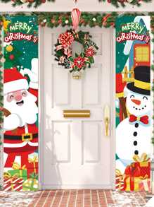 2pcs/set New Santa And Christmas Snowman Designs Door Curtains, Banner Couplets Perfect For Decorating Family Christmas Party - Multicolor - View 1