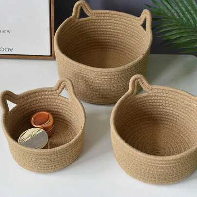 手工编织猫咪图案绳索收纳篮，适用于客厅、卧室、书桌、床边，四种颜色可选，金属框架花园花盆，现代波西米亚风格绳索吊篮，天然混合藤条装饰，适合沿海氛围露台装饰，适合返校季