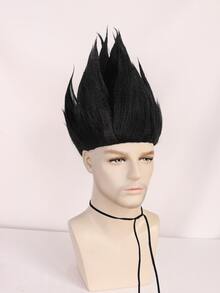 男士動漫風cosplay假髮12英寸短黑色分層尖頭直髮熱防纖維頭髮,適用於學校萬聖節聖誕節服飾配件和1個假髮帽 - 黑色 - 查看 4