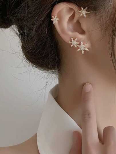 Brinco Ear Cuff Orelha Esquerda Cravejada Com Zircônia Flocos de Neve