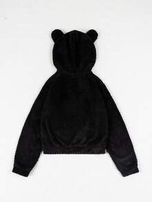 Sudadera para mujer de peluche con bolsillo enfrente unicolor con capucha y oreja de conejo - Negro - Ver 7