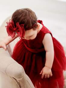 Baby Girls 紅色蕾絲蓬裙洋裝,適用於生日/婚禮小花童裝 - 酒紅色 - 查看 3