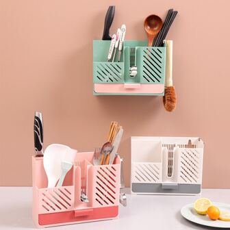1pc Drill-free Cutlery Storage Basket Wall Mounted Kitchen Organizer