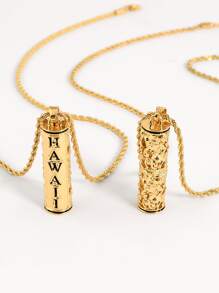 1pc Black Oil Drip Hollow Tube With Hawaii Letters Pendant Necklace - Gold - View 1