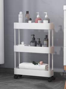 1 Set 3-Layer/4-Layer Plastic Small Trolley Storage Rack With Wheels,Available In Black/White Colors,Suitable For Home Storage,Simple Bookshelf,Multi-Layer Bedroom Floor Storage Rack,Movable Vegetable Storage Rack,Floor Snacks Storage Rack,Multi-Layer Living Room Storage Shelf Outdoor Decor - White - View 2