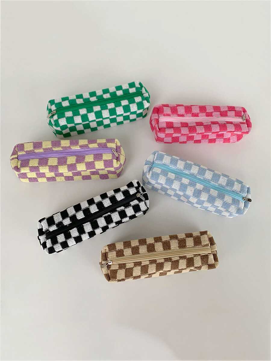 1pc Korean Style Minimalist Knitted Checkered Pencil Case With Large Capacity, Highly Attractive Level, For Students - Multicolor - View 1