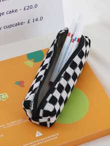 1pc Korean Style Minimalist Knitted Checkered Pencil Case With Large Capacity, Highly Attractive Level, For Students - Multicolor - View 3