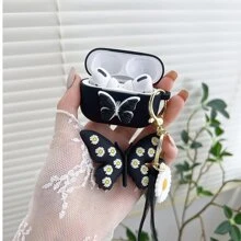 Butterfly Pattern Earphone Silicon Case Compatible With Airpods With Keychain, Lovely Gift For Women - Black - View 1