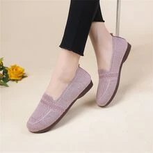 Zapatos De Pala Tejidos Para Mujeres, Cómodos Y Transpirables Con Puntera Cuadrada, Suela Plana Suave Y Fáciles De Usar Para Personas Mayores - Rosa - Ver 3