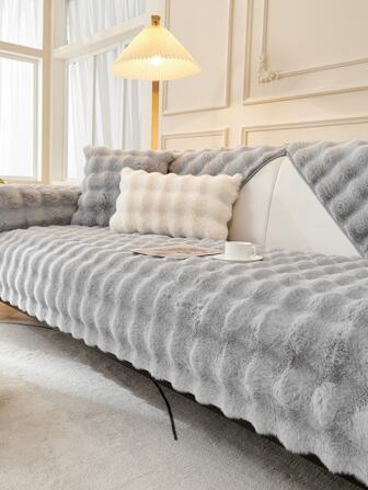 1pc Light Grey Bubble Plush Grid Style Sofa Cushion Cover For Living Room, Study Room, Pet Protection All Seasons