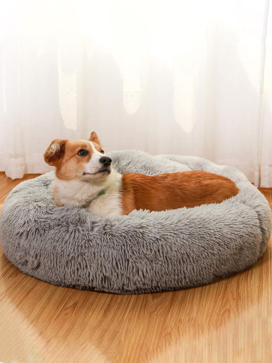 1 件纯色毛绒宠物床小狗饲养狗床猫床易于清洁 - 灰色 - 查看 1