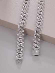 CVNANA 1 件歐美街頭風格時尚鏈條水鑽裝飾男女翻蓋吊墜項鍊,配銀色鑽石形手鍊,多種尺寸可供情侶首飾 - 銀色 - 查看 4