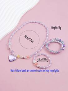 Set de 4 piezas de joyería de cuentas con dije de corazón de acrílico para niñas, incluyendo pulsera y collar, color aleatorio, apto para uso diario - Multicolor - Ver 4
