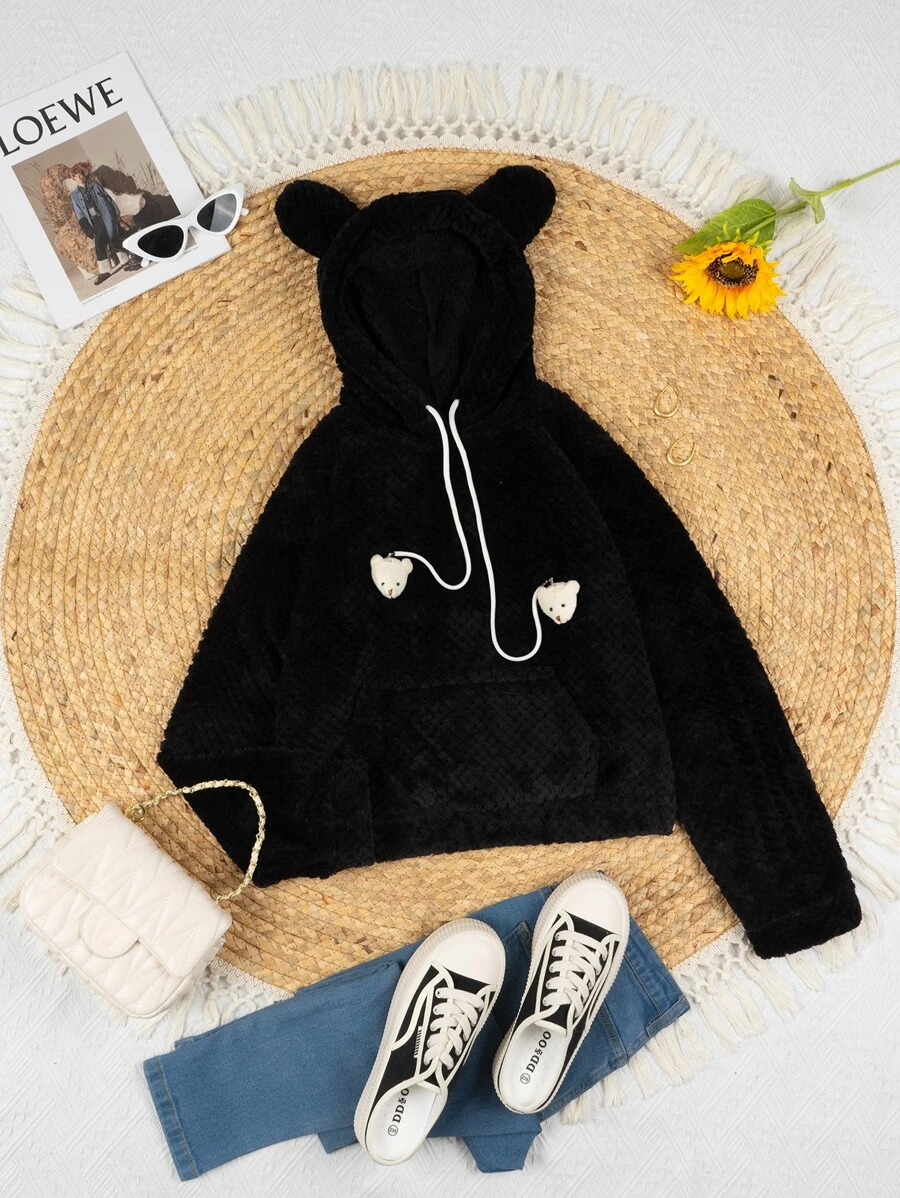Sudadera para mujer de peluche con bolsillo enfrente unicolor con capucha y oreja de conejo - Negro - Ver 1