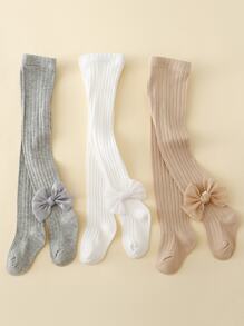 3 Pairs Girls Cute Bow Decor Versatile Solid Color Tight Leggings, Soft & Fashionable For Girls Daily Wear - Multicolor - View 1