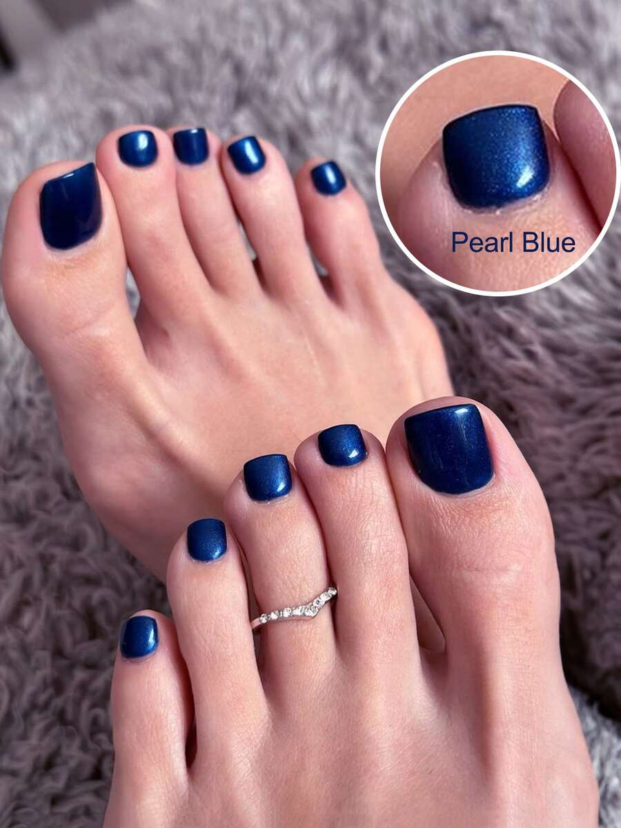 VV MEI JIA ER 24 件珍珠紫藍色方形假腳趾甲閃亮按壓腳趾甲短亞克力假腳趾甲可愛人造海灘全覆蓋腳趾甲藍色適合女士和女孩 24 件和 1 張膠帶和 1 件指甲銼 - 藏蓝色 - 查看 1