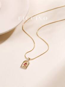 FICCINO 公主与野兽主题窗郁金香吊坠，镀金方晶锆石钛钢女士链条项链，日常休闲锁骨项链，带盒礼品 - 152n - 查看 3