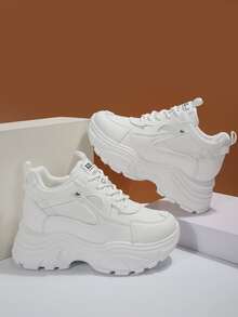 Women's Pu Leather Cross Strap Thick-soled Shoes With Hidden Heel & Wedge Heel, White Color, Suitable For Daily Sports Activities & Casual Wear, The Soles Are Designed To Be Suitable For Short Women - White - View 2