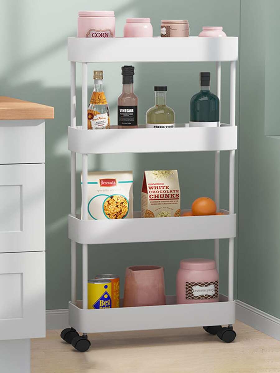1 Set 3-Layer/4-Layer Plastic Small Trolley Storage Rack With Wheels,Available In Black/White Colors,Suitable For Home Storage,Simple Bookshelf,Multi-Layer Bedroom Floor Storage Rack,Movable Vegetable Storage Rack,Floor Snacks Storage Rack,Multi-Layer Living Room Storage Shelf Outdoor Decor - White - View 1