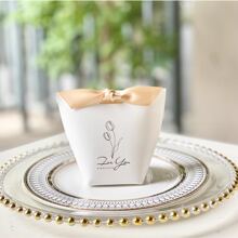 10 件郁金香花糖果盒礼品纸盒礼品包装盒小礼品盒适用于婚礼生日派对装饰 - 白色盒+香檳色絲帶 - 查看 2