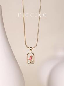 FICCINO 公主与野兽主题窗郁金香吊坠，镀金方晶锆石钛钢女士链条项链，日常休闲锁骨项链，带盒礼品 - 152n - 查看 1