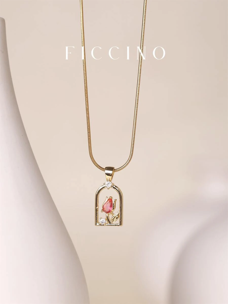FICCINO 公主与野兽主题窗郁金香吊坠，镀金方晶锆石钛钢女士链条项链，日常休闲锁骨项链，带盒礼品 - 152n - 查看 1