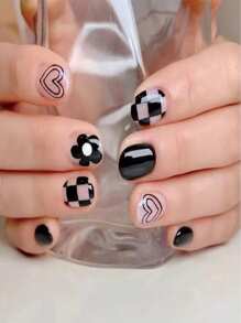 24pcs Short Square Black Chess Board Nail Art Stickers, Including Wearable Heart & Small Flower Designs, Removable + 1 Jelly Gel + 1 Buffing File - Black and White - View 1