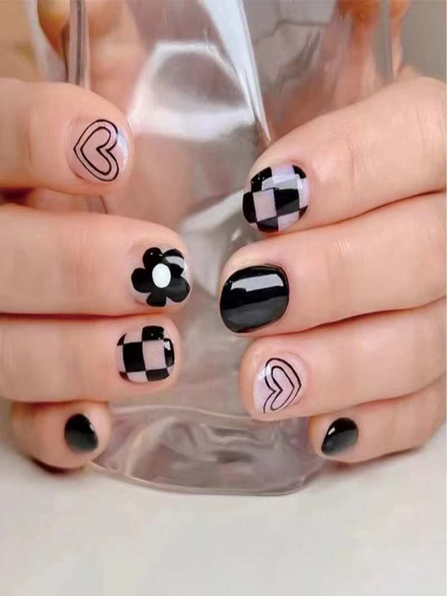 24pcs Short Square Black Chess Board Nail Art Stickers, Including Wearable Heart & Small Flower Designs, Removable + 1 Jelly Gel + 1 Buffing File - Black and White - View 1