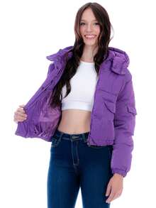 Chamarra Acolchada Corta Para Mujer Con Capucha Desmontable - Morado - Ver 3
