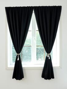 1 tấm rèm che cửa sổ bằng polyester màu trơn dán móc và vòng cách nhiệt chống nắng & chống tia UV, thích hợp cho phòng ngủ, phòng khách, ban công - màu đen - Xem 1