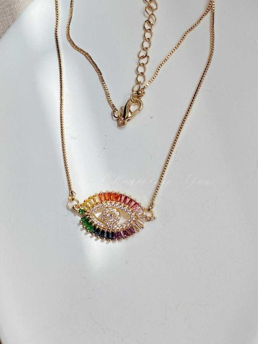 Colar Olho Grego Sorte Proteção Zircônia Colorido Semijoias Modelo#2 - Dourado - Visão 1