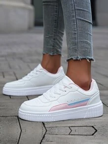 2024 New Women Fashion Sneakers, Comfortable Anti-Slip Thick Sole Low Top Casual Breathable Black & White Versatile Trainers - Pink - View 1