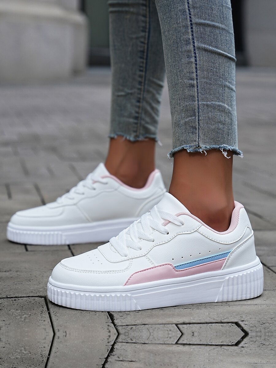 2024 New Women Fashion Sneakers, Comfortable Anti-Slip Thick Sole Low Top Casual Breathable Black & White Versatile Trainers - Pink - View 1