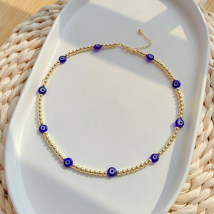 Evil Eye Beaded Protection Necklace 18k Gold Plated Chain - Blue - View 1