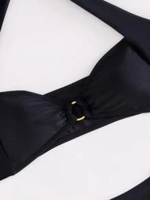 2 件套金属装饰分体比基尼套装，优雅设计性感女士泳装，夏季 - 黑色 - 查看 5