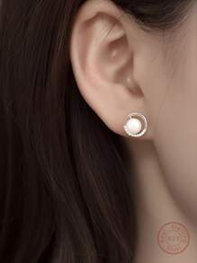 1雙時尚S925銀乳白色&珍珠鑲嵌耳釘適用於女性日常和辦公穿 - 銀色 - 查看 12