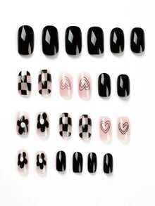 24pcs Short Square Black Chess Board Nail Art Stickers, Including Wearable Heart & Small Flower Designs, Removable + 1 Jelly Gel + 1 Buffing File - Black and White - View 4