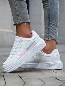 2024 New Women Fashion Sneakers, Comfortable Anti-Slip Thick Sole Low Top Casual Breathable Black & White Versatile Trainers - Pink - View 2