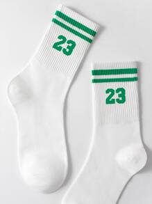 1 双男/女中筒袜，带数字 23 条纹和双条设计，防臭、吸汗、休闲时尚运动筒袜，适合日常穿着 - 彩色 - 查看 1