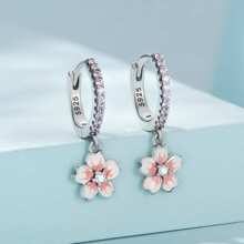 WOSTU 1pair Vintage Flower Crystal Hoop Earrings Women 925 Sterling Silver Pink Cherry Blossoms Drop Earring Wedding Statement Earrings Valentines