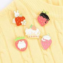 5pcs Cartoon Design Strawberry, Cat & Rabbit Shaped Alloy Brooch For Children's Clothes, Bags, Dresses, Etc. - Multicolor - View 1