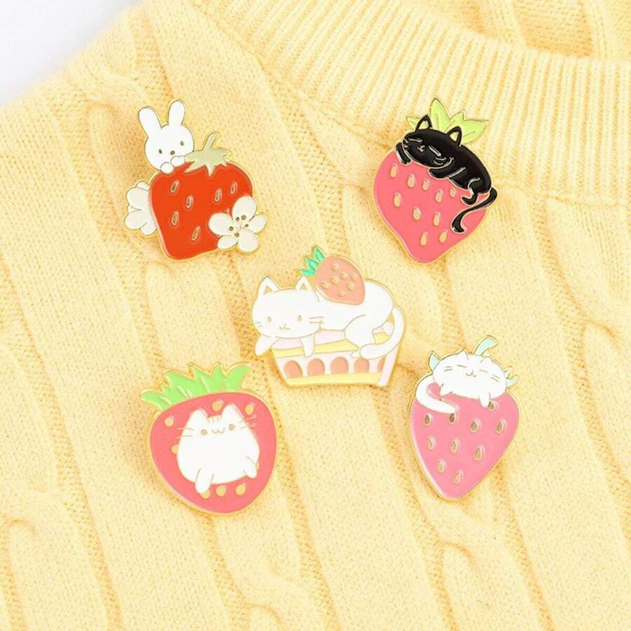 5pcs Cartoon Design Strawberry, Cat & Rabbit Shaped Alloy Brooch For Children's Clothes, Bags, Dresses, Etc. - Multicolor - View 1