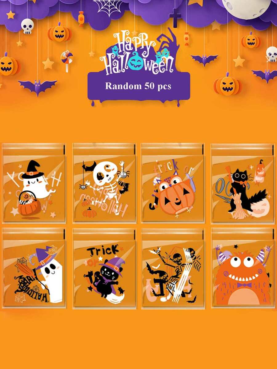 50 piezas/set de plástico Envasado de dulces modernista con estampado de dibujos animados Bolsa de almacenamiento de alimento para cocina - Multicolor - Ver 1