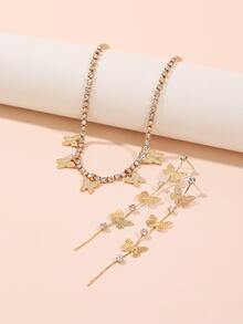 1套裝時尚水鑽蝴蝶項鍊和耳環套裝,合適的適合女士至穿戴在派對,晚餐或者作為禮物