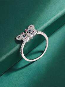 輕奢風格獨特設計925純銀蝴蝶戒指,配鋯石女款 - 彩色 - 查看 4